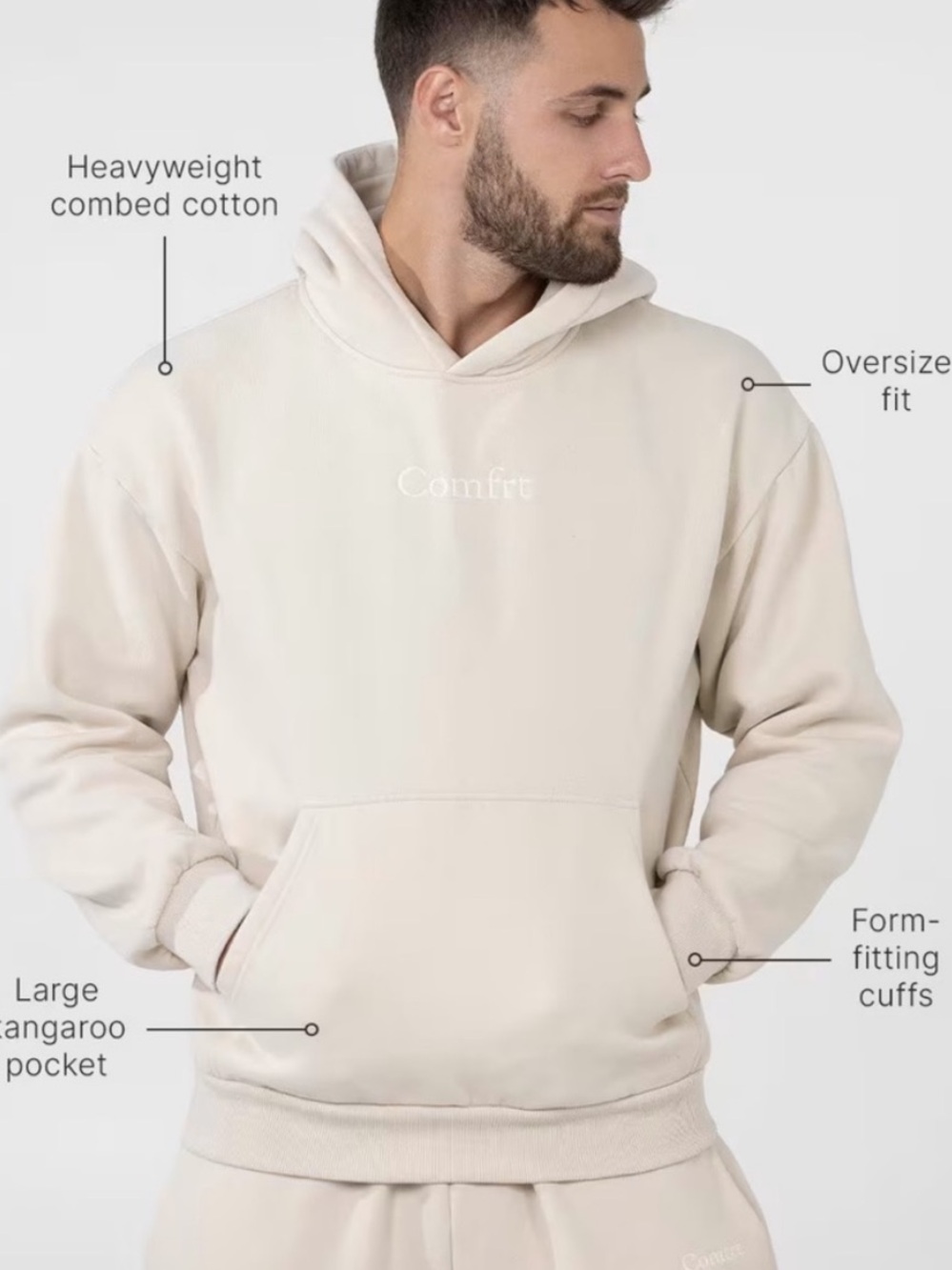 Comfrt Signature Oversized Hoodie Bone Large Unisex NWT Heavyweight Pullover - Picture 12 of 15